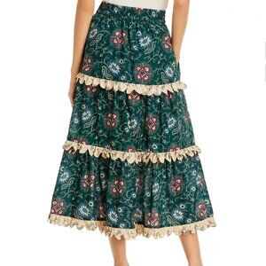 Sea New York Robina Floral Print Tiered Green Maxi Skirt with Lace Detail